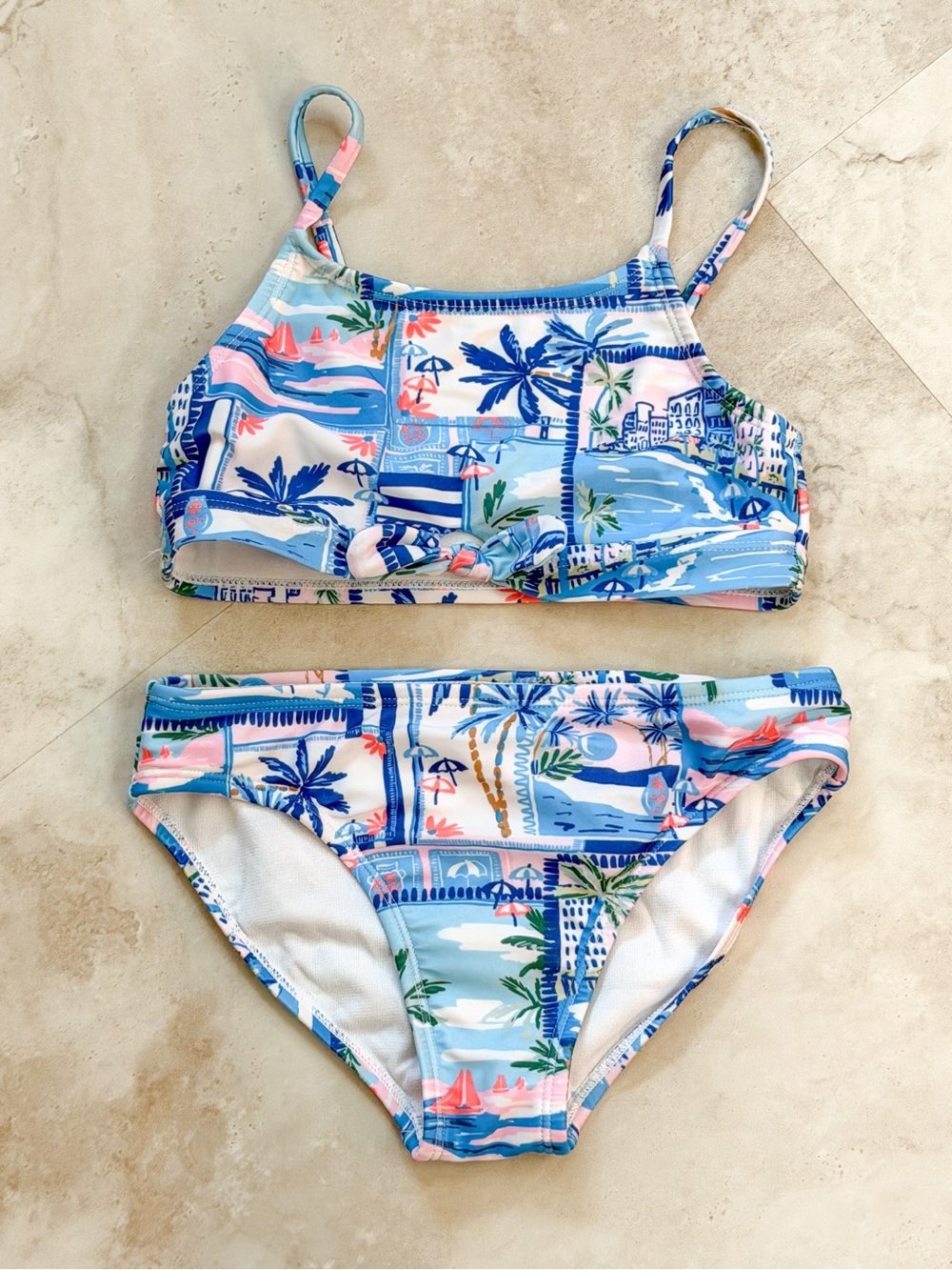 Girls 7/8 Beach Scene Bikini Swimsuit Blue Pink Palm Print 2 Piece Summer
